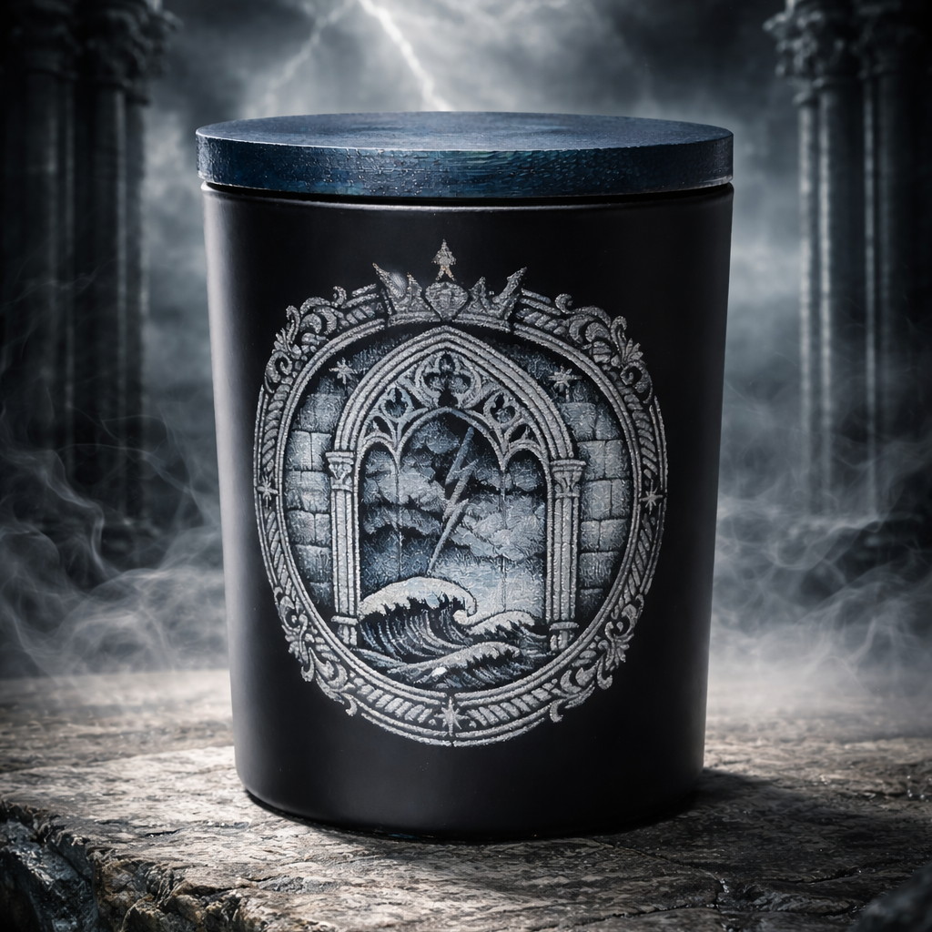 Black cylindrical container with gothic design on a stone surface with a stormy sky background