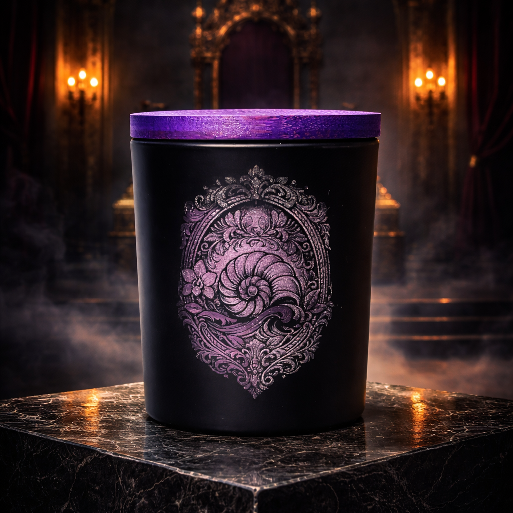 Black candle with purple lid on a dark surface, ornate background