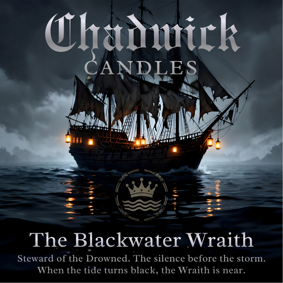 Product cover art for Chadwick Candles' 'The Blackwater Wraith' candle, featuring a dark, stormy sailing ship on dark water with glowing lanterns under a cloudy sky.