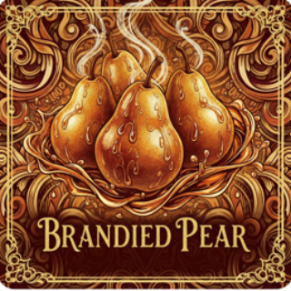 Decorative coaster with 'Branded Pear' text and pear illustration on a brown background