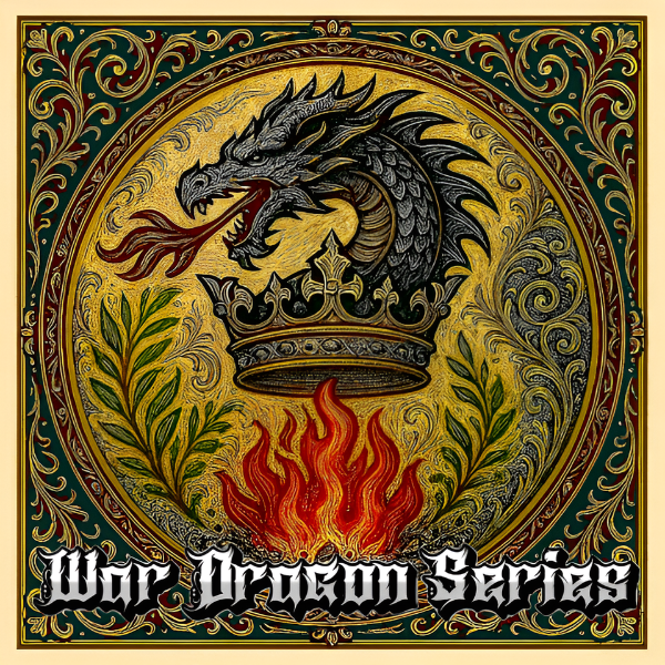 Decorative design with a dragon, crown, and flames, featuring the text 'War Dragon Series'.