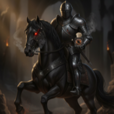 Knight in full armor riding a horse with a dark, moody background