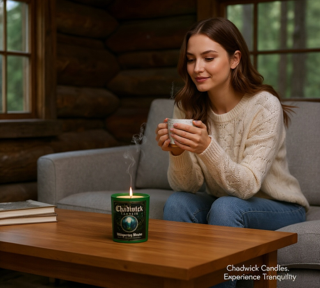 Woman sitting on a couch holding a mug with a candle on a table in front of her.