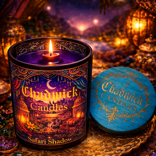 Chadwick Candles Safari Shadow candle on a decorative tray with a mystical background.