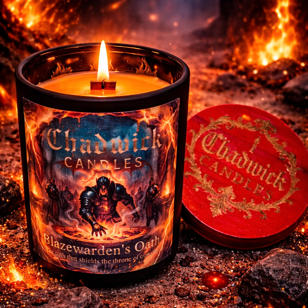 Candle labeled 'Chadwick Candles' in front of a fiery background