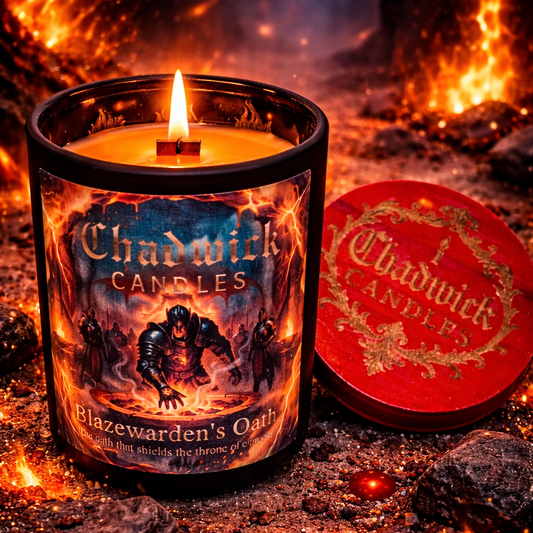 Candle labeled 'Chadwick Candles' in front of a fiery background