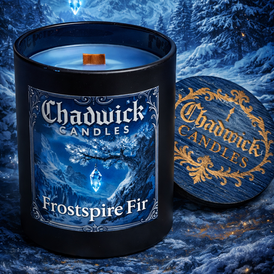 Chadwick Candles Frostspire Fir candle with a snowy mountain background