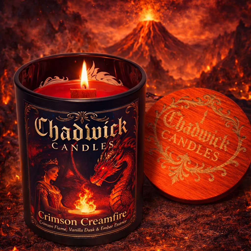 Chadwick Candles Crimson Creamfire candle with a dragon design on a fiery background