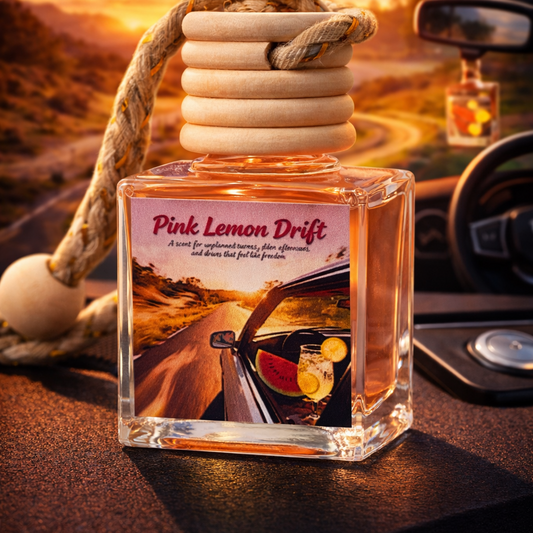 Perfume bottle labeled 'Pink Lemon Drift' on a car dashboard with a scenic background