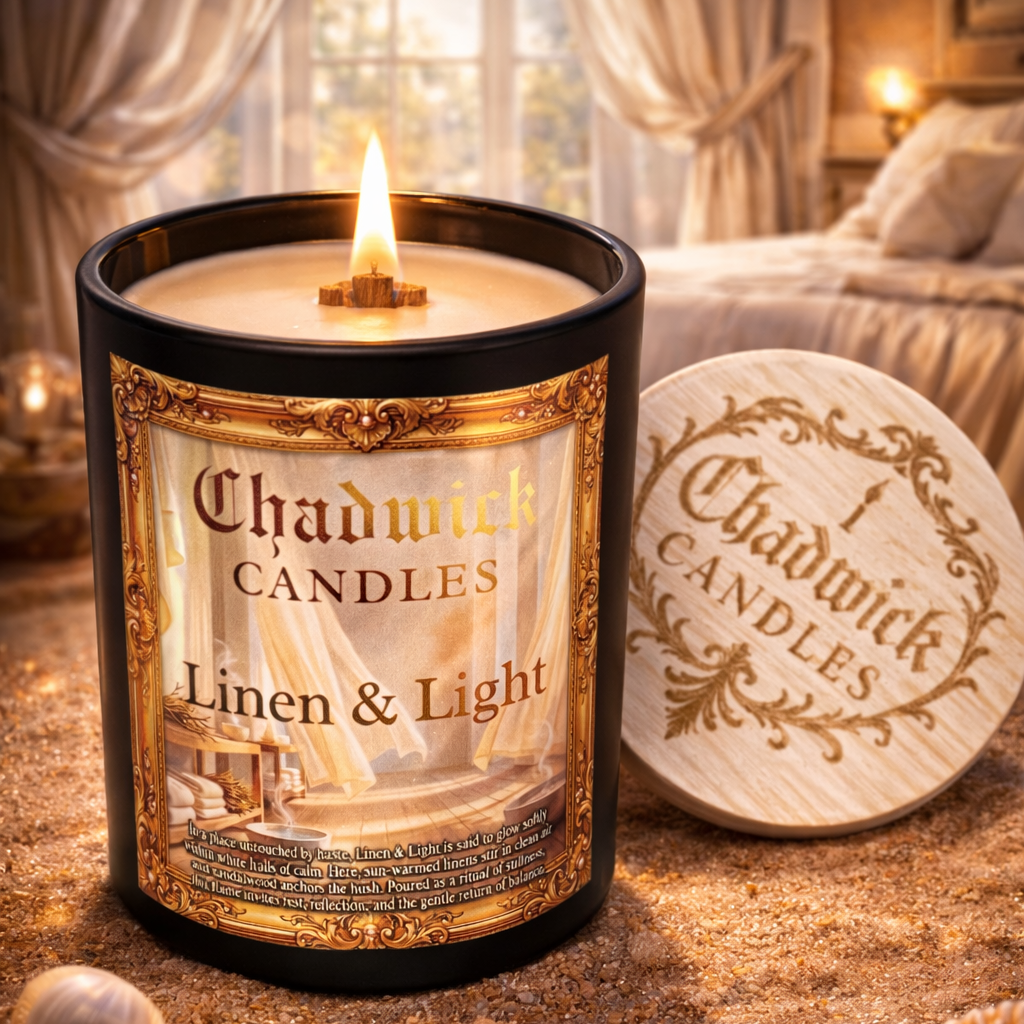 Chadwick Candles Linen & Light candle in a decorative holder on a wooden surface with a blurred bedroom background.