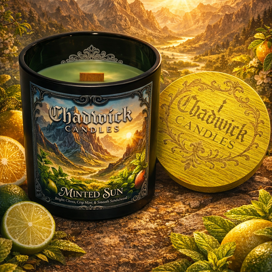 Chadwick Candles 'Minted Sun' candle with a scenic mountain backdrop