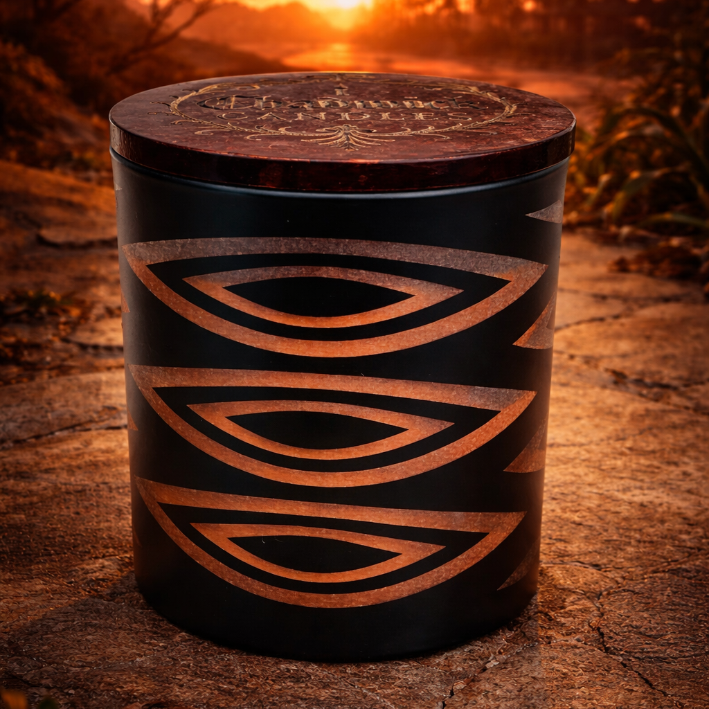 Ceramic container with leaf patterns on a stone surface during sunset.