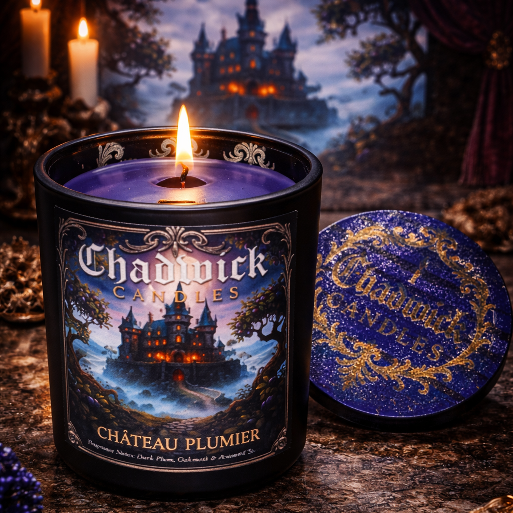 Candle with 'Chadwick Candles' label in a fantasy setting with castle and candles.
