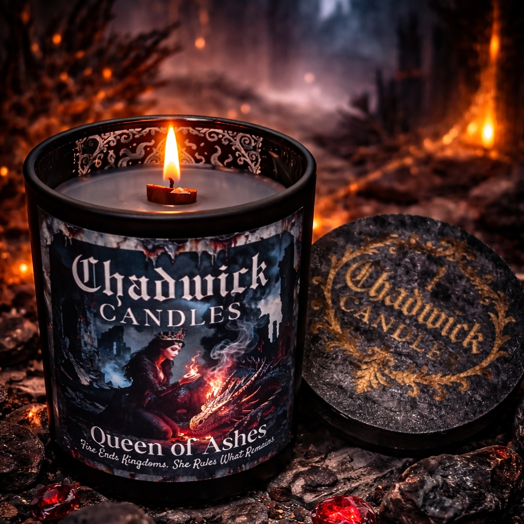 Chadwick Candles Queen of Ashes candle in a dark, moody setting with red stones and a blurred background.