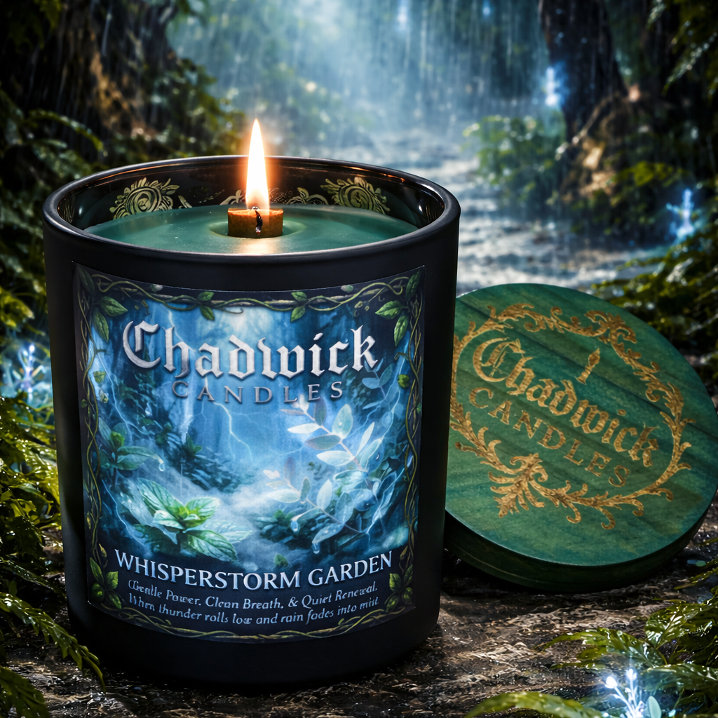 Candle with 'Chadwick Candles' label in a mystical forest setting