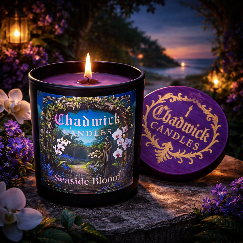 Chadwick Candles Seaside Bloom candle with packaging against a scenic background