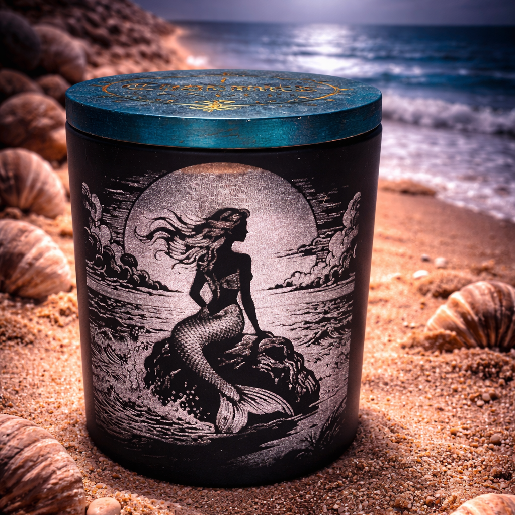 Candle with mermaid design on a beach at night