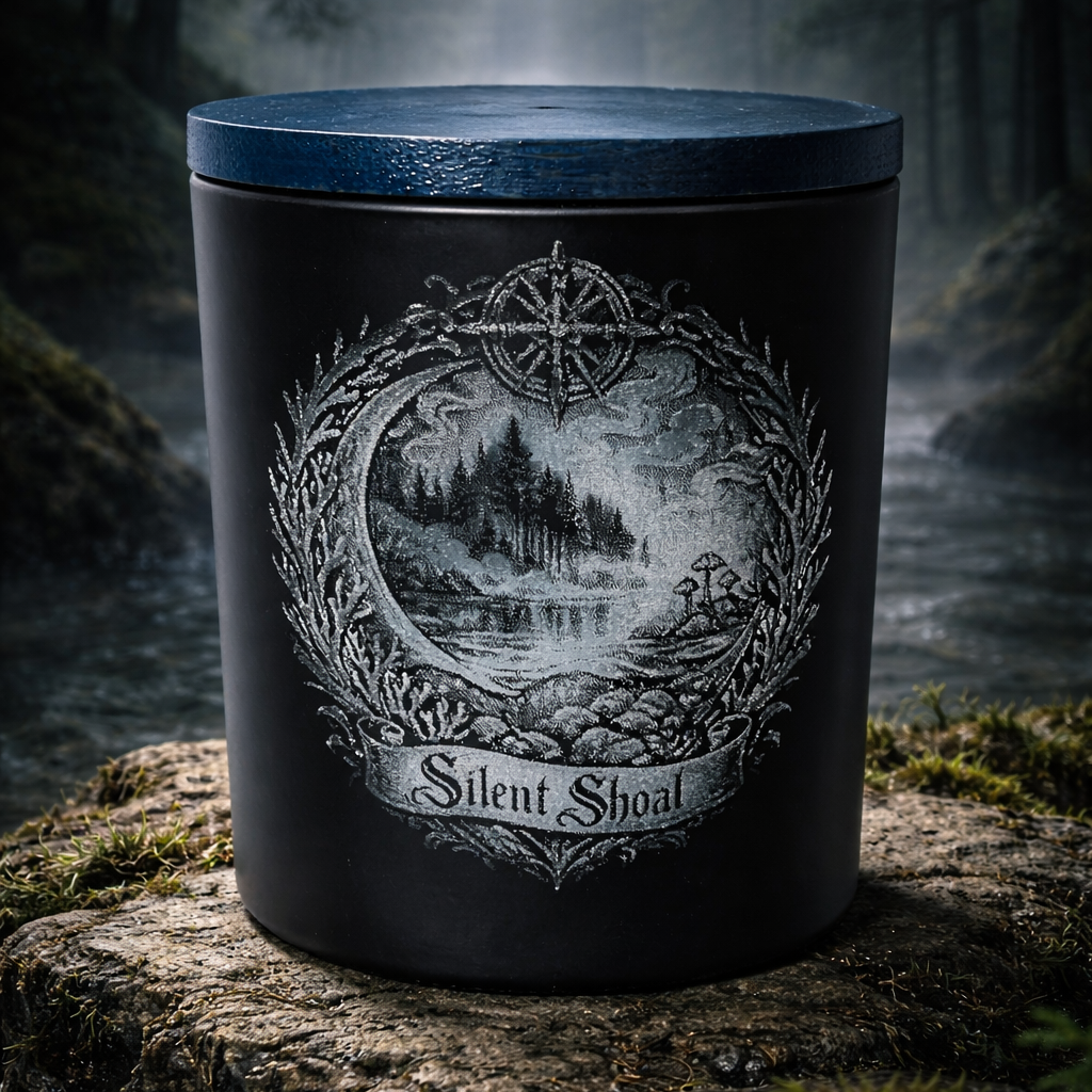 Black candle with 'Silent Shoal' design in a forest setting