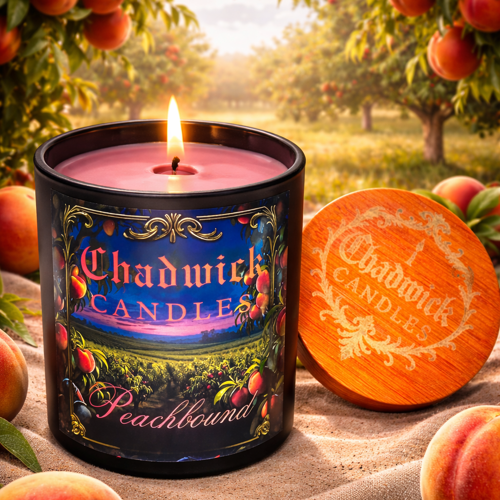 Chadwick Candles Peachbound candle with peaches and a scenic background
