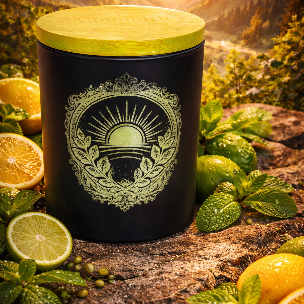Black container with yellow lid surrounded by lemons and mint leaves against a mountainous landscape.