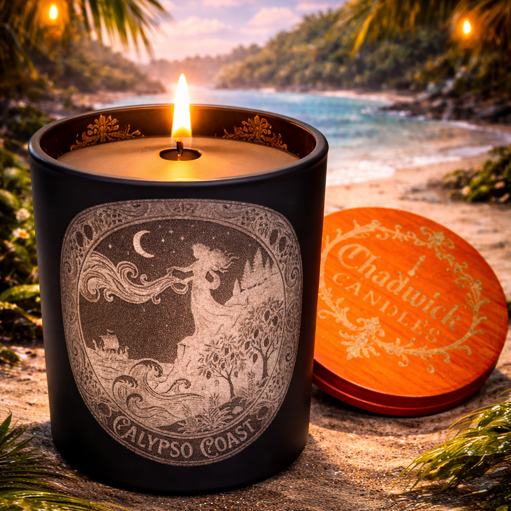 Candle with a decorative label on a beach setting