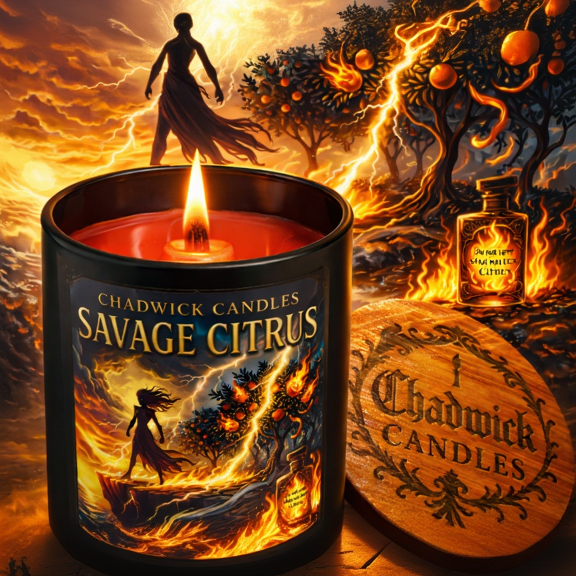 Chadwick Candles Savage Citrus candle with a fiery background and brand logo.