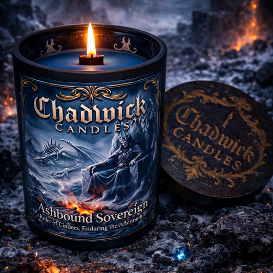 Chadwick Candles Ashbound Sovereign candle in a dark, smoky setting