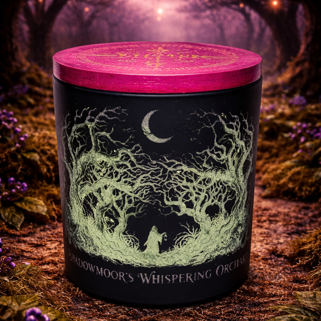 Candle with a decorative label featuring a forest design and pink lid on a dark background.