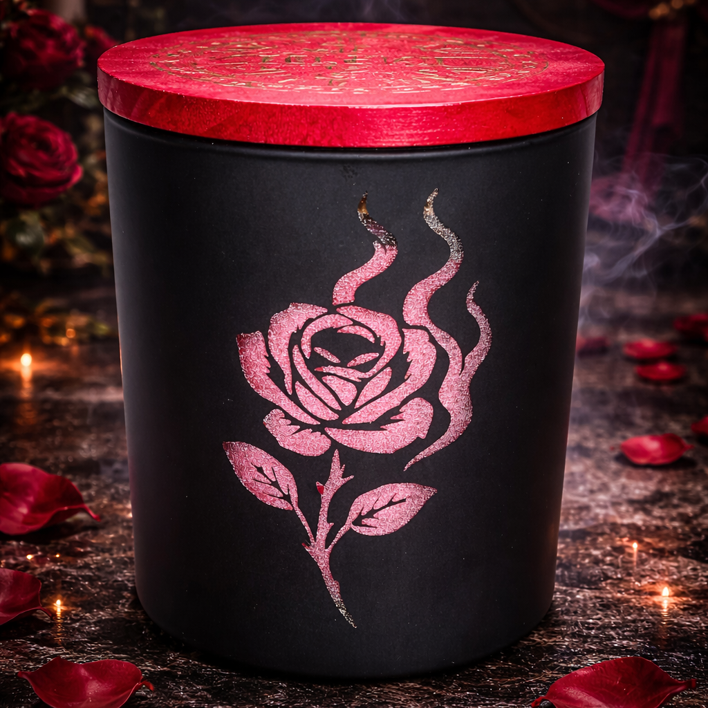 Black candle with red lid and rose design on a dark background with candles and rose petals.