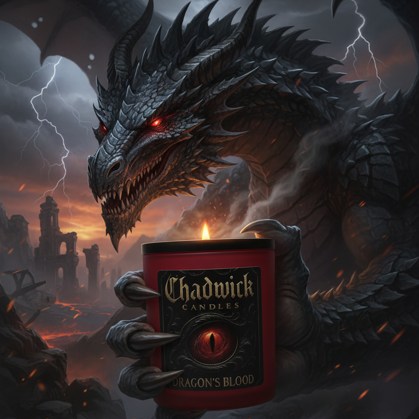 Dragon holding a candle labeled 'Chadwick Candles' with a dark, stormy background.