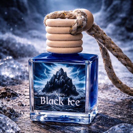 Perfume bottle labeled 'Black Ice' with a mountain design on a icy background