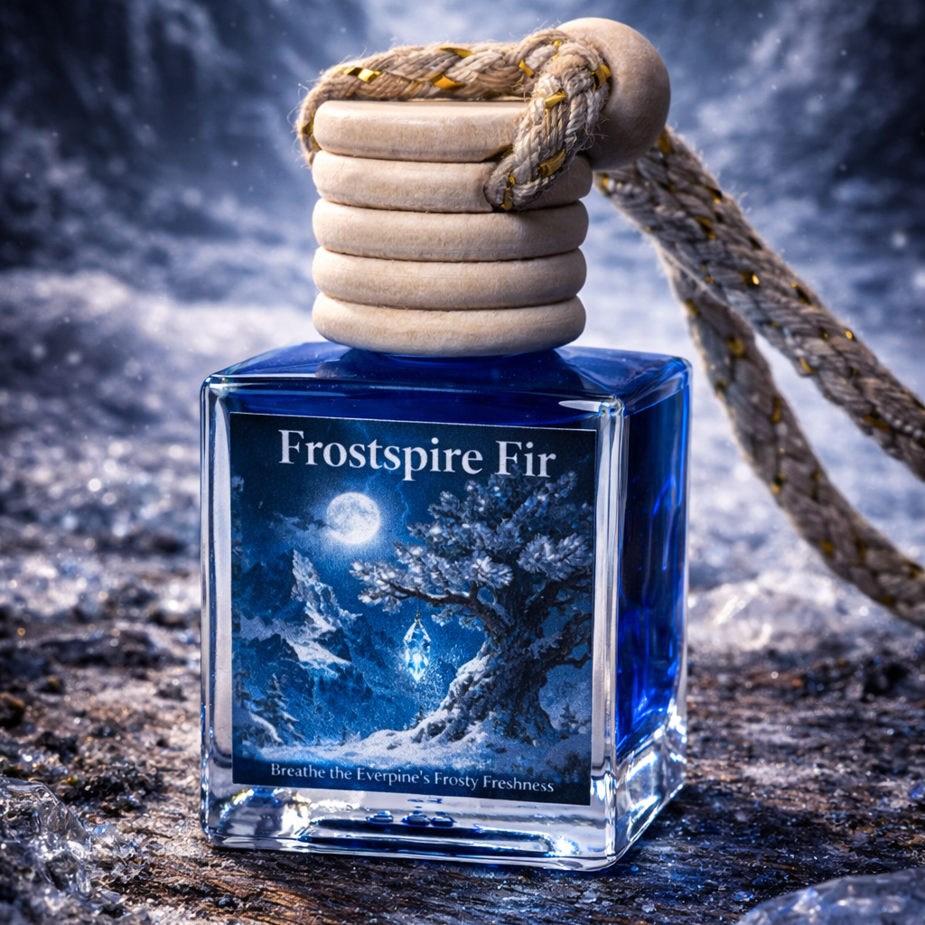 Frostspire Fir perfume bottle with a wooden cap on a textured surface