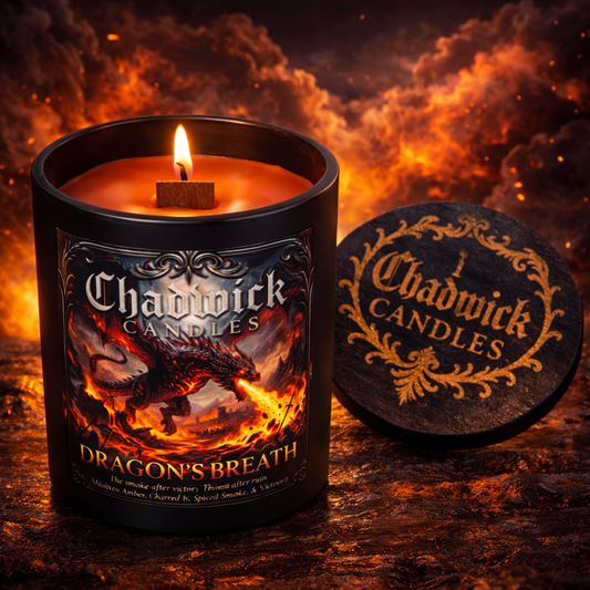 Chadwick Candles 'Dragon's Breath' candle with label and coaster on a fiery background