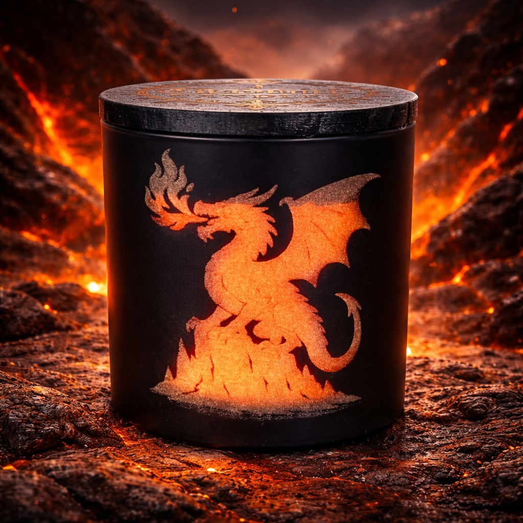 Black container with dragon design on a fiery background