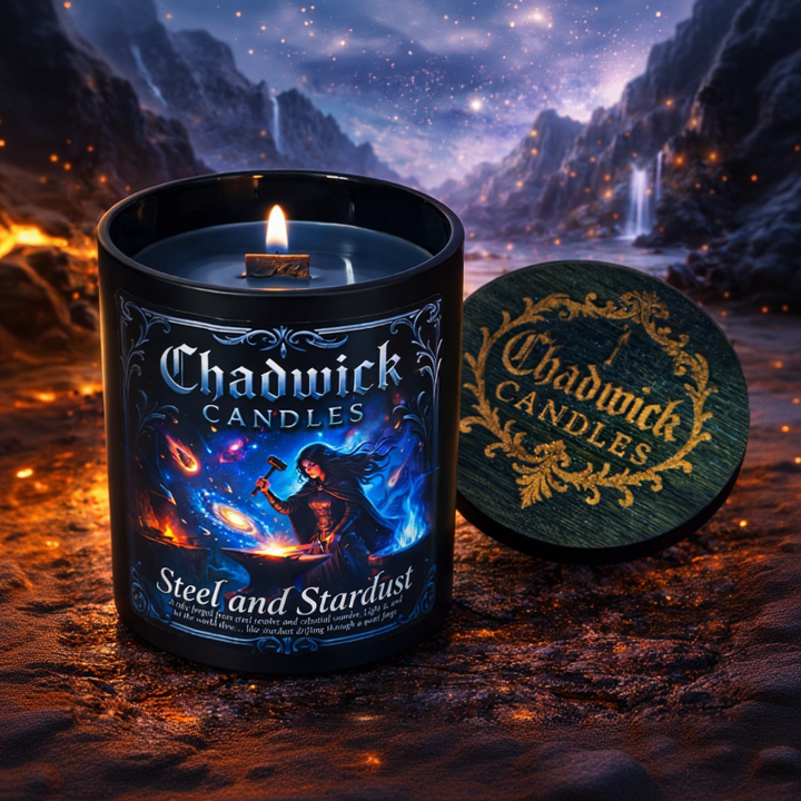 Chadwick Candles Steel and Stardust candle with a mystical background