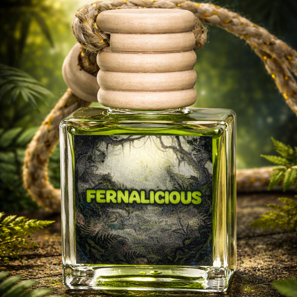 Fernalicious perfume bottle with a wooden cap against a natural background