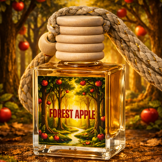 Perfume bottle labeled 'Forest Apple' with an apple orchard background