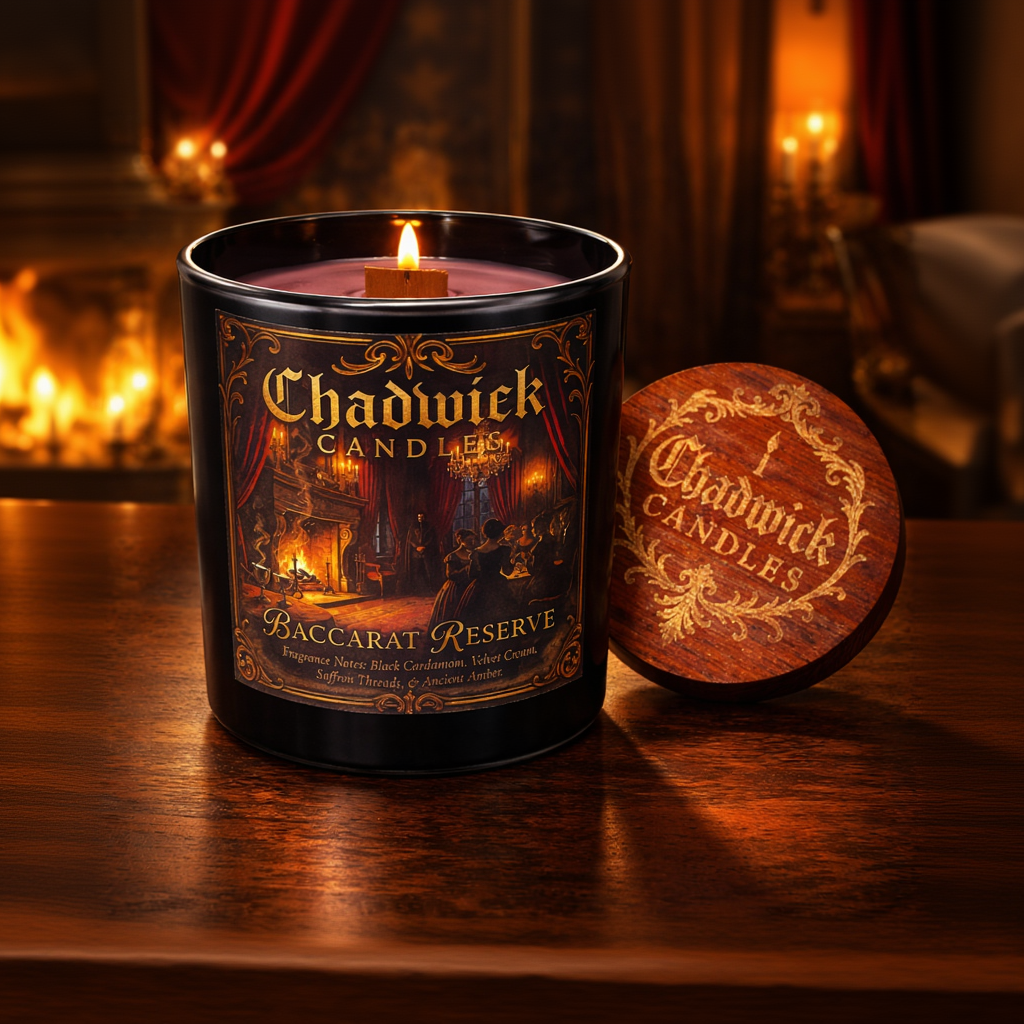 Chadwick Candles Baccarat Reserve candle on a wooden surface with a dark, warm background.