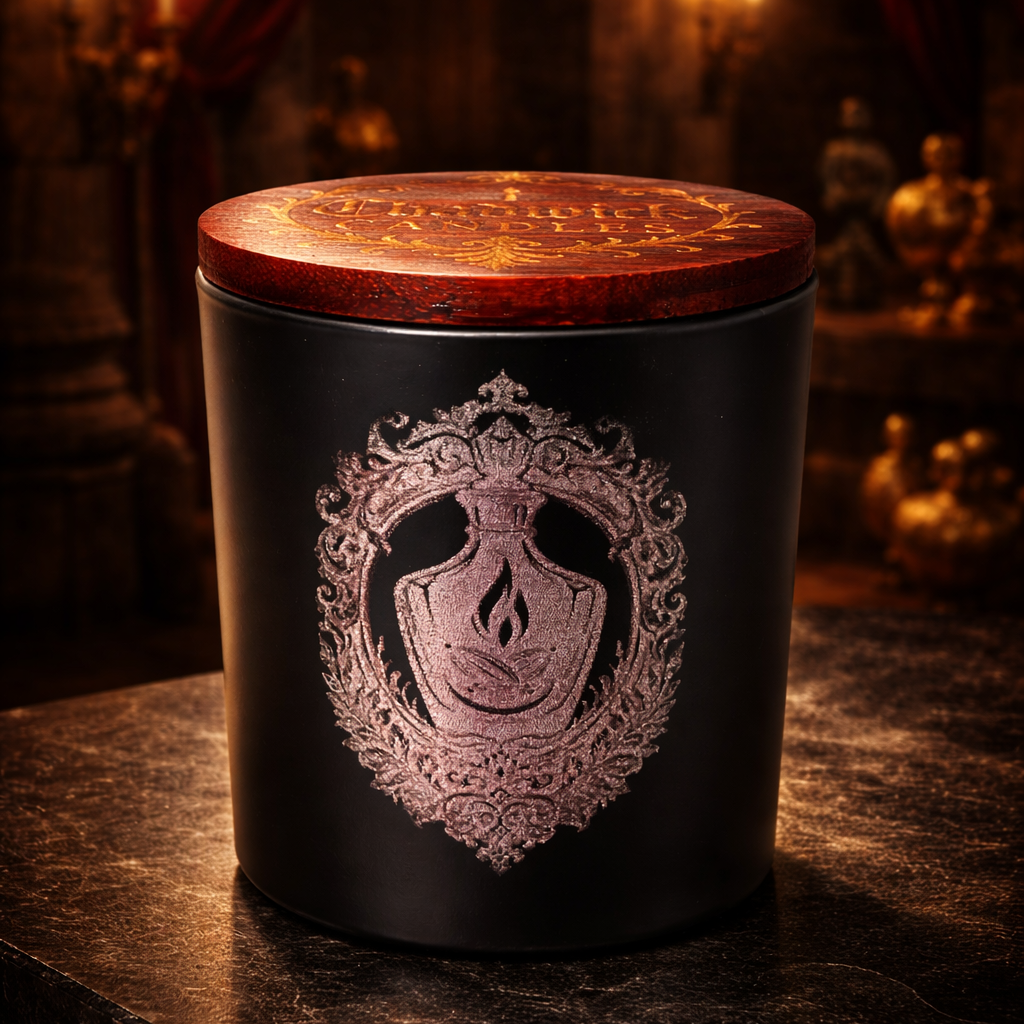 Decorative candle with a wooden lid on a dark surface, surrounded by warm lighting.