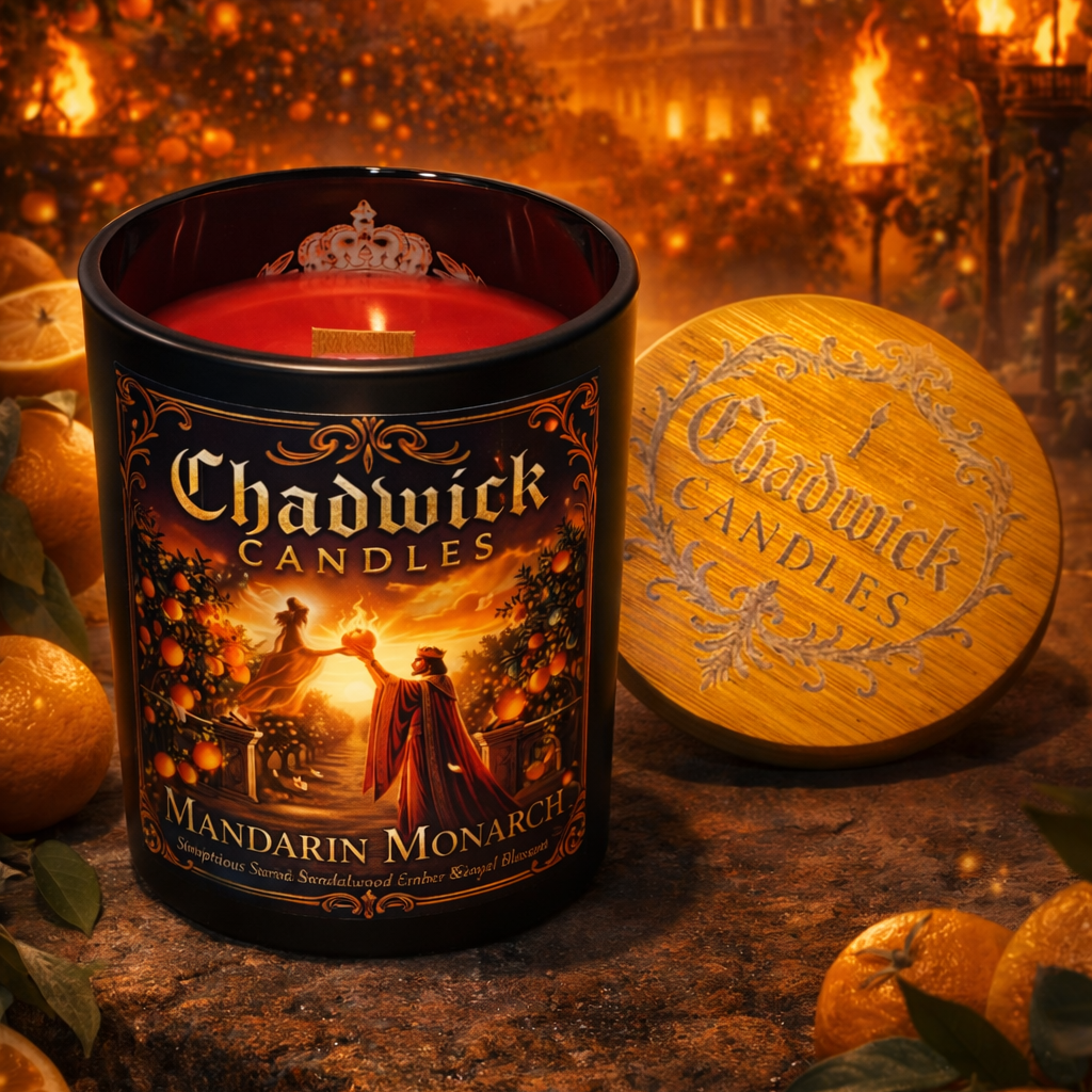 Chadwick Candles Mandarin Monarch candle with a fantasy-themed label on a decorative background.