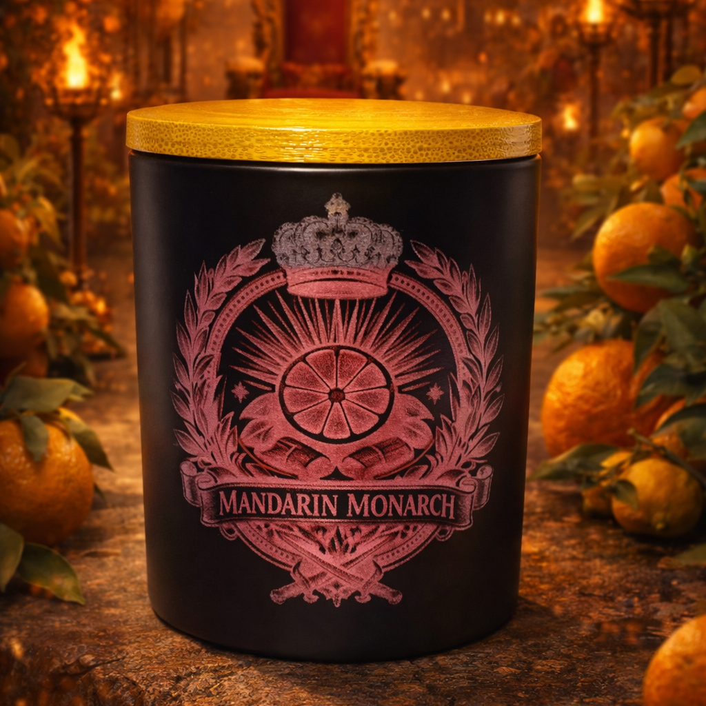 Black candle jar with a decorative emblem and 'Mandarin Monarch' text, surrounded by mandarins and a warm background.