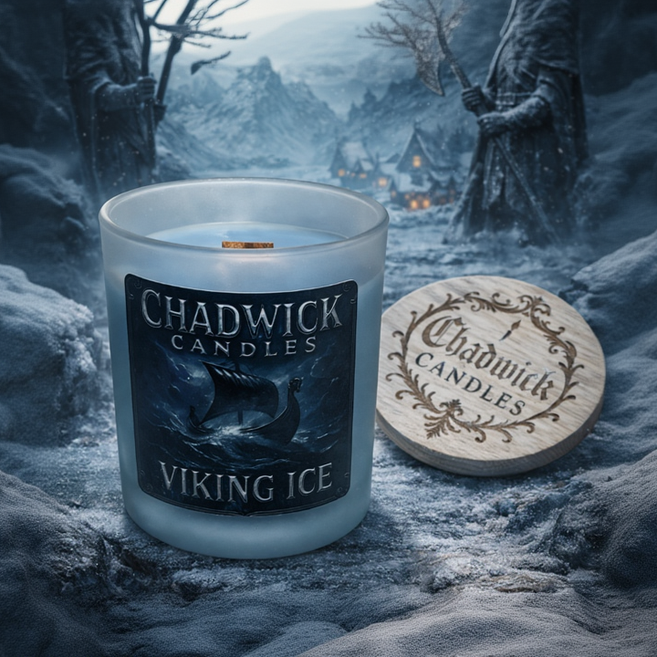 Chadwick Candles Viking Ice candle with a Viking-themed background