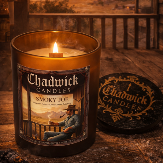 Chadwick Candles Smoky Joe candle on a wooden surface with a scenic background