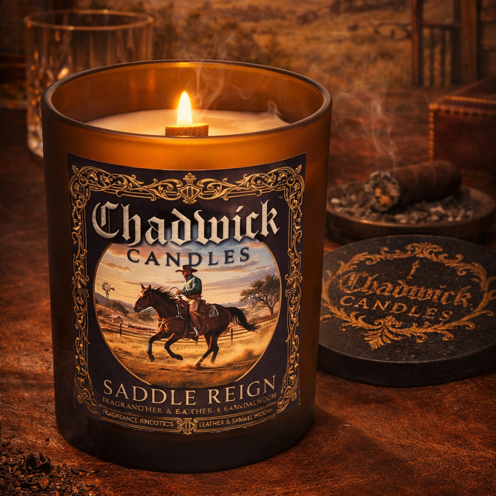Chadwick Candles Saddle Reign candle with a scenic background