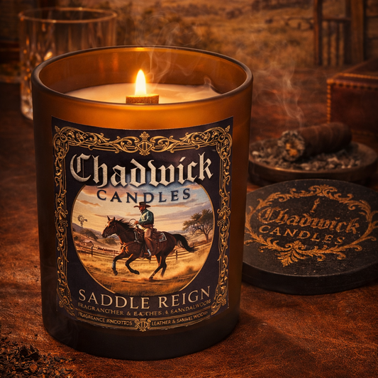 Chadwick Candles Saddle Reign candle with a scenic background