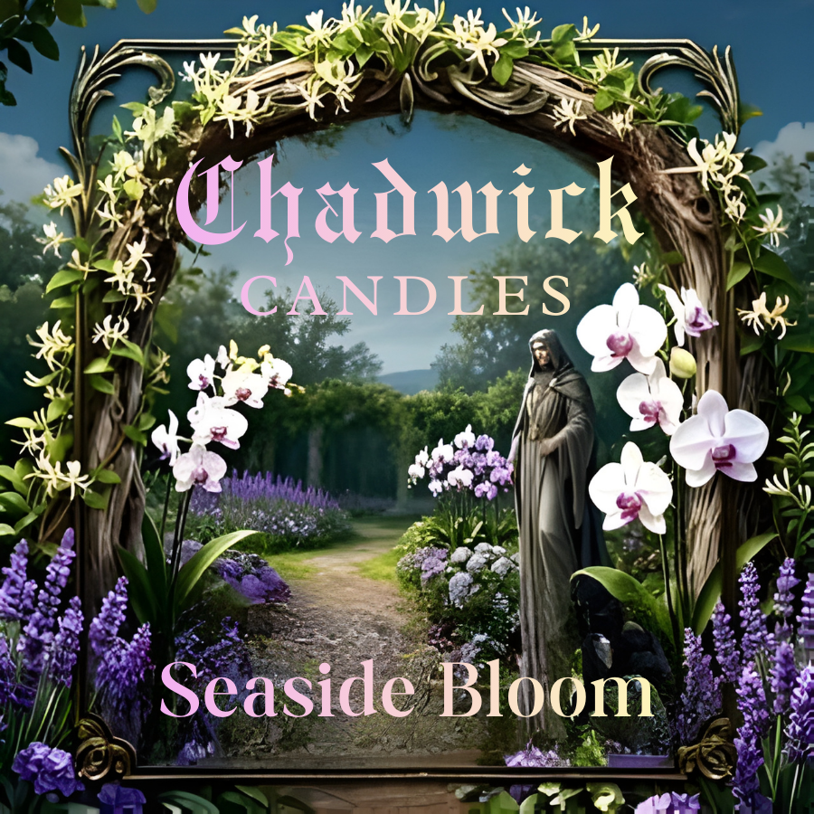 Advertisement for Chadwick Candles' 'Seaside Bloom' with a garden scene and floral arch.