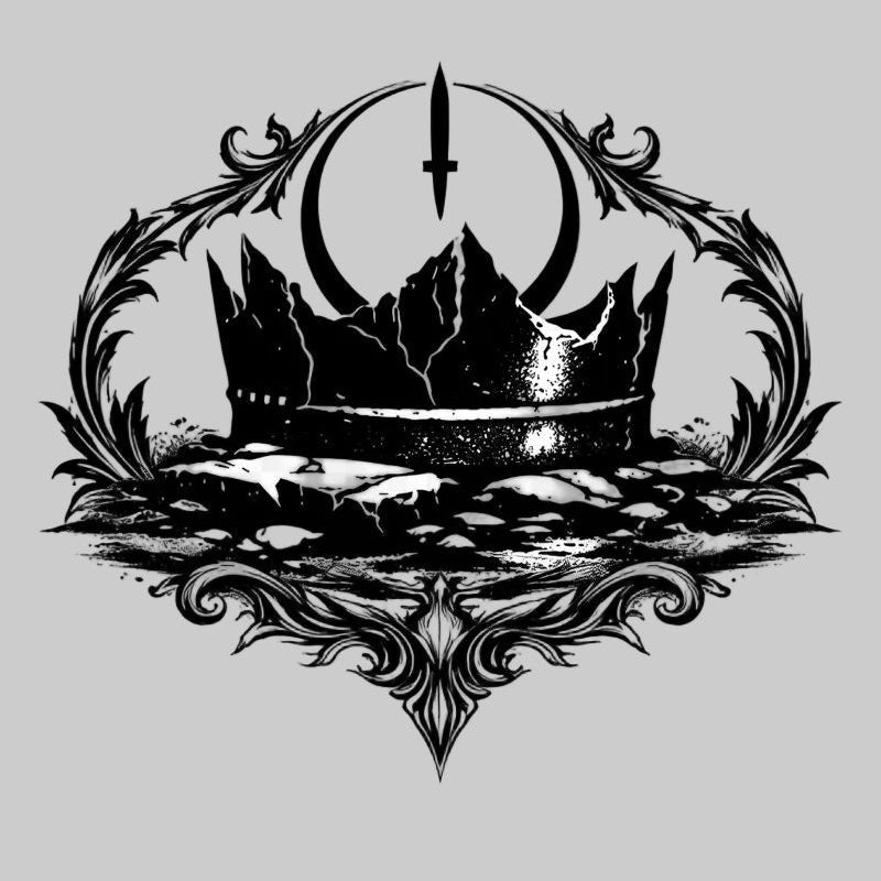 Decorative black crown with a sword on a light gray background