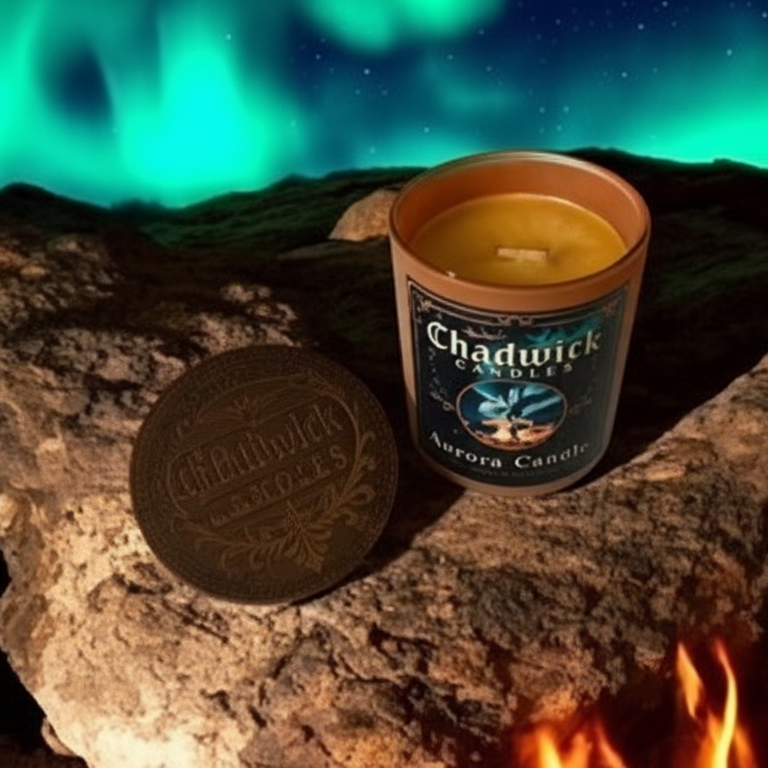 Candle labeled 'Chadwick' on a rock with a fire and northern lights in the background