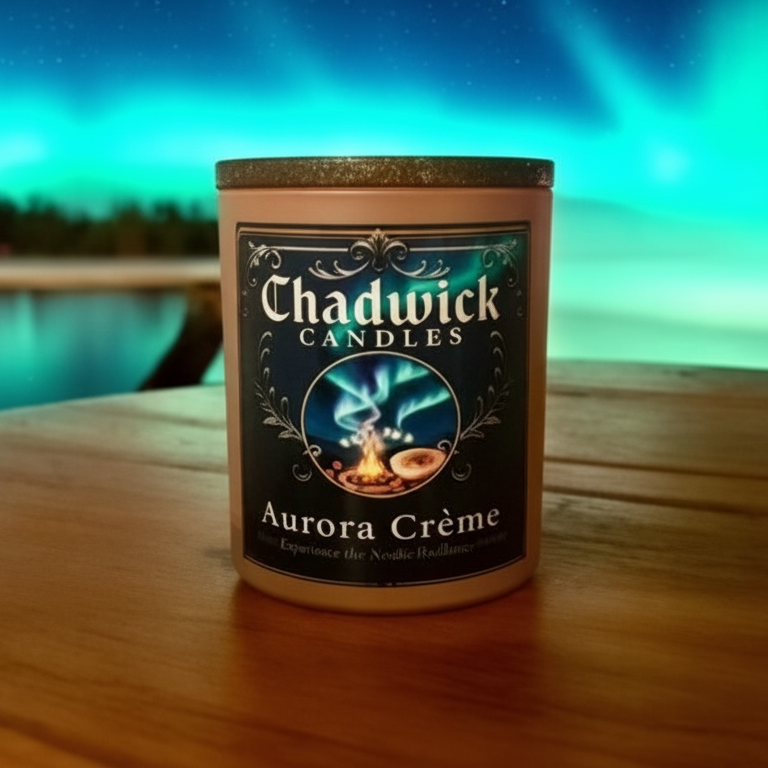 Chadwick Candles Aurora Creme candle on a wooden surface with a scenic background