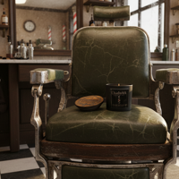 Vintage barber chair in a barbershop with checkered floor and shelves.